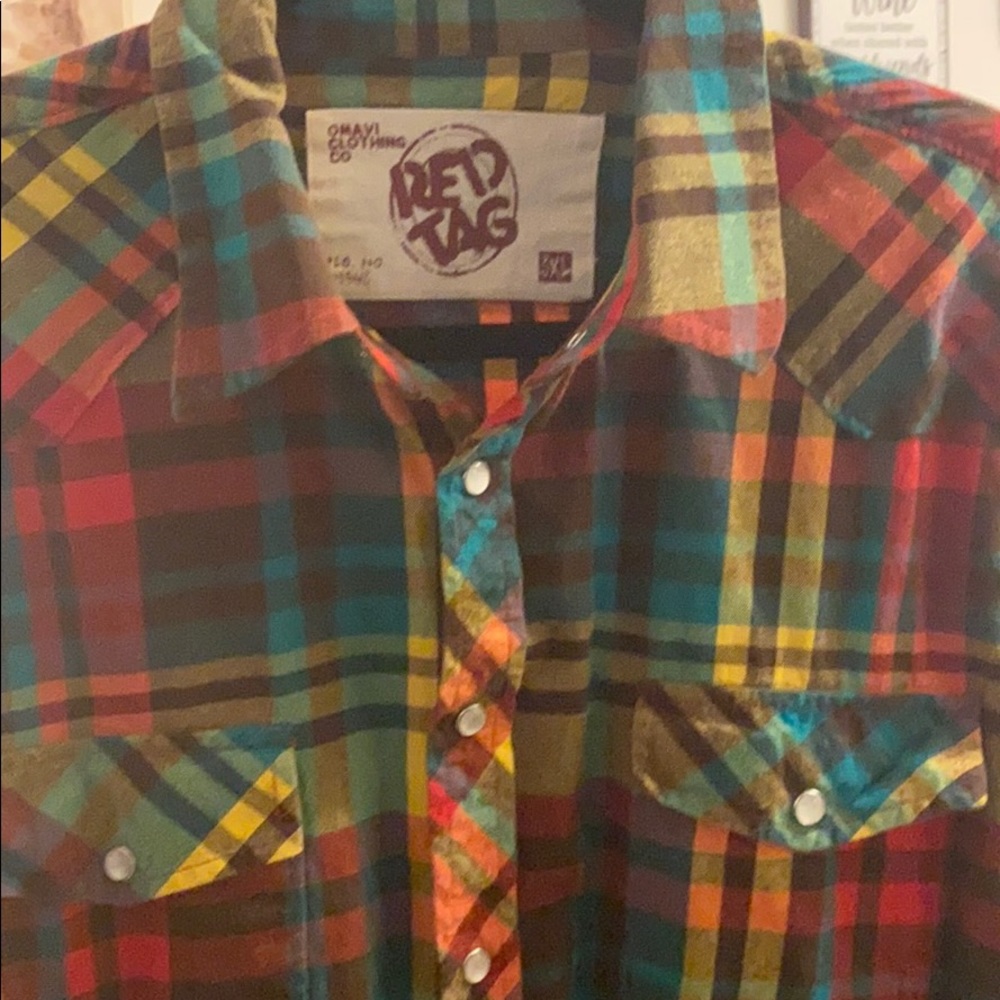 Red Tag Rainbow Flannel Pearl Button Down